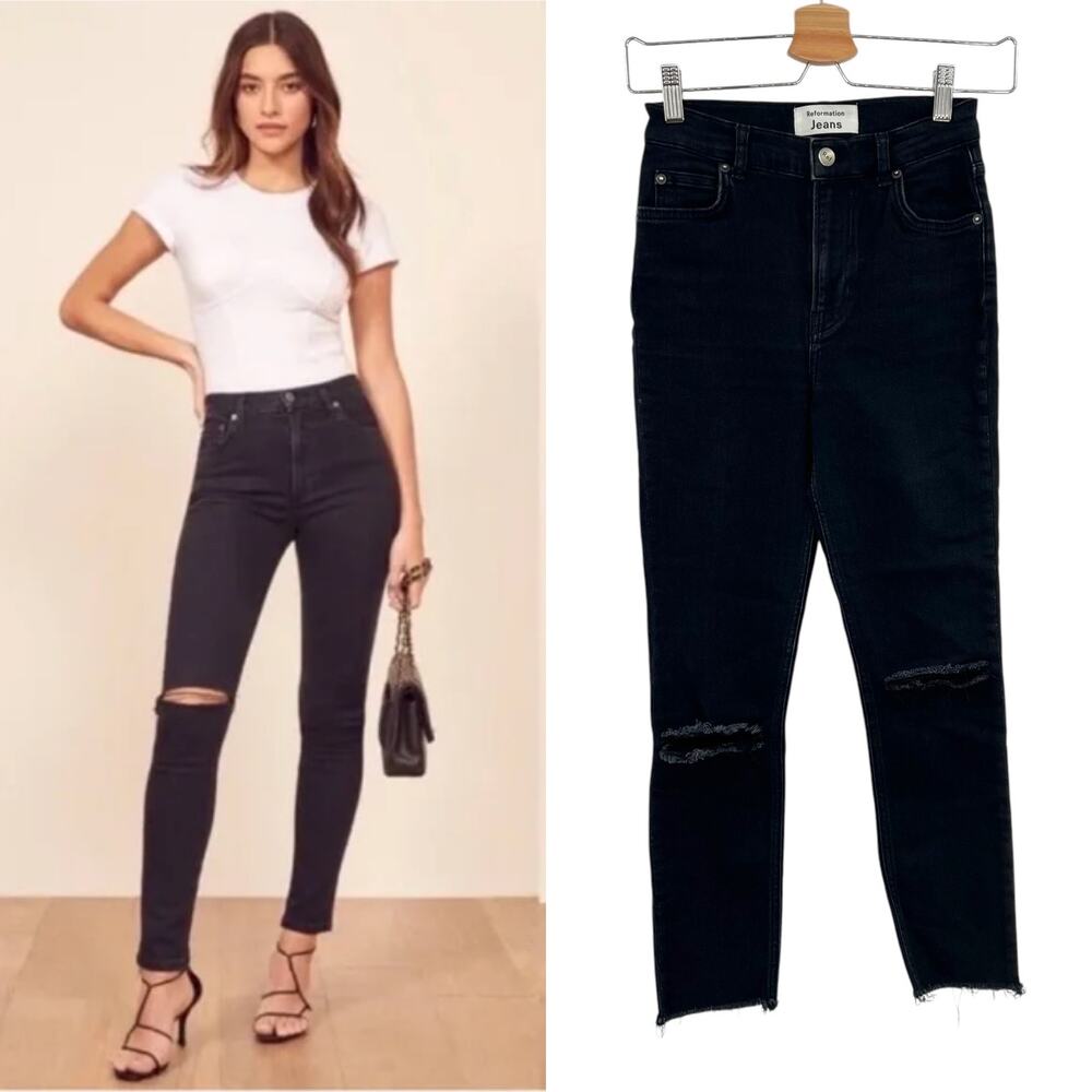 Reformation High Waist Skinny Jeans Destroyed Faded Black Denim Size 24